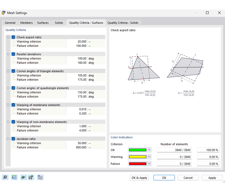 Dialog Box "Mesh Settings", Tab "Quality Criteria - Surfaces"