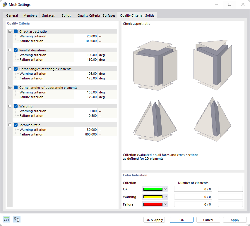 Dialog Box "Mesh Settings", Tab "Quality Criteria – Solids"