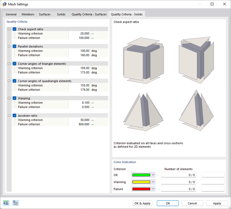 Dialog Box "Mesh Settings", Tab "Quality Criteria – Solids"