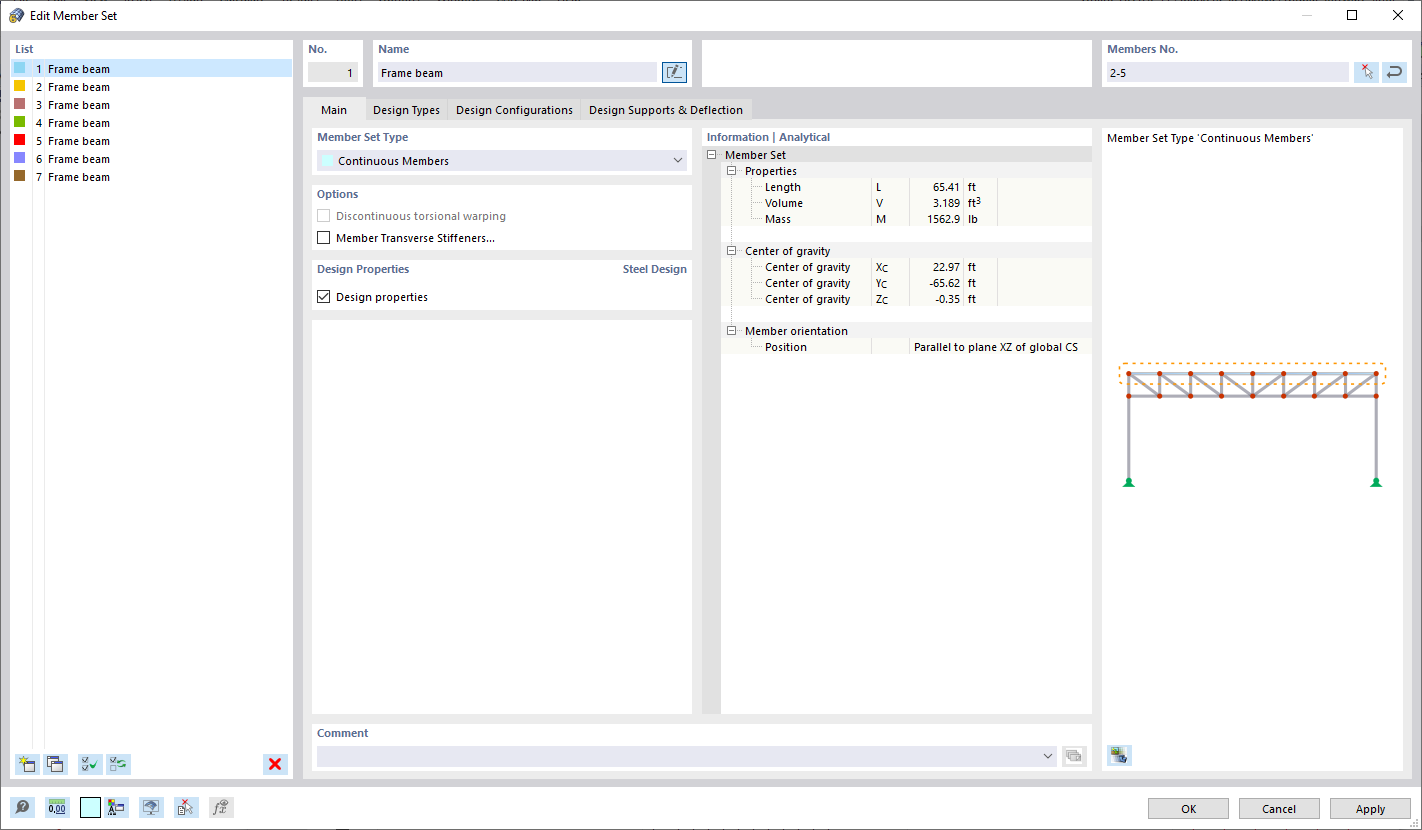 Dialog Box "Edit Member Set", Activated Design Properties for Steel Design