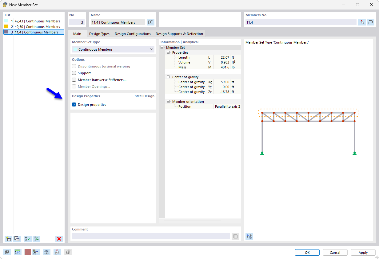 Dialog box “Edit member set”, activated design properties for steel design