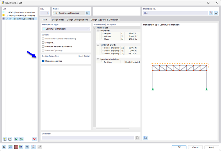 Dialog box “Edit member set”, activated design properties for steel design
