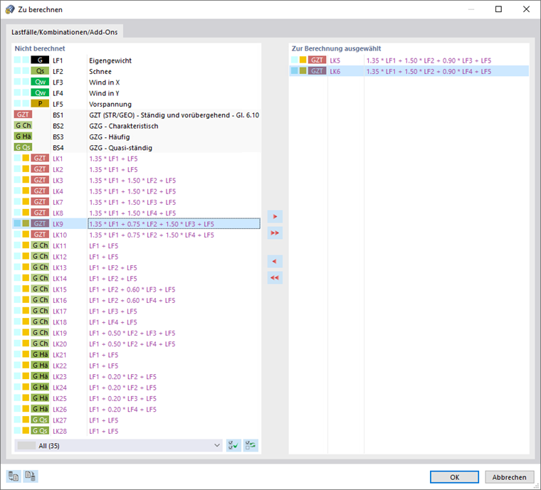 Selecting Load Combinations for Calculation