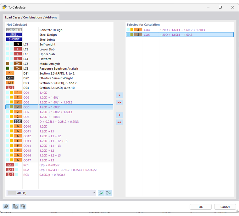 Selecting Load Combinations for Calculation