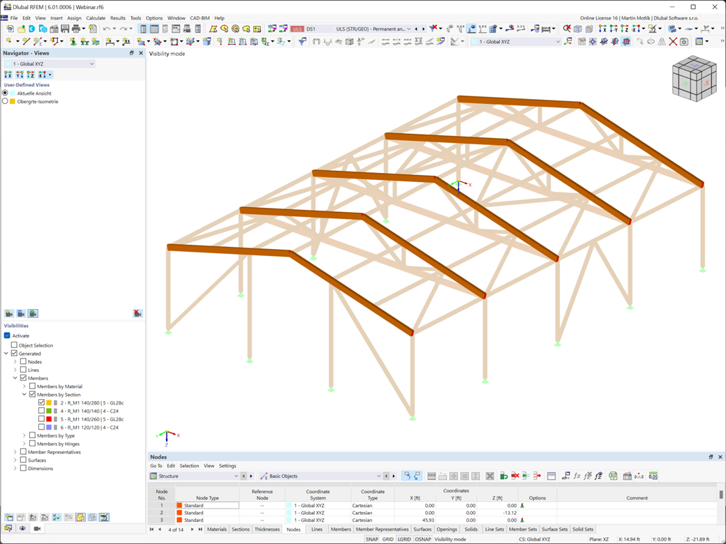 RFEM GUI displays hall model | Simple generation of views and visibilities