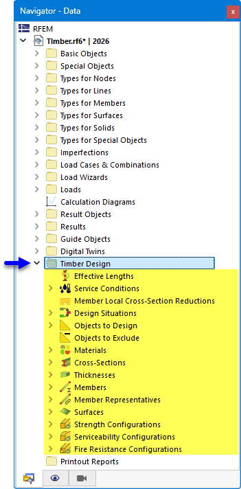 Category "Timber Design" in Navigator - Data