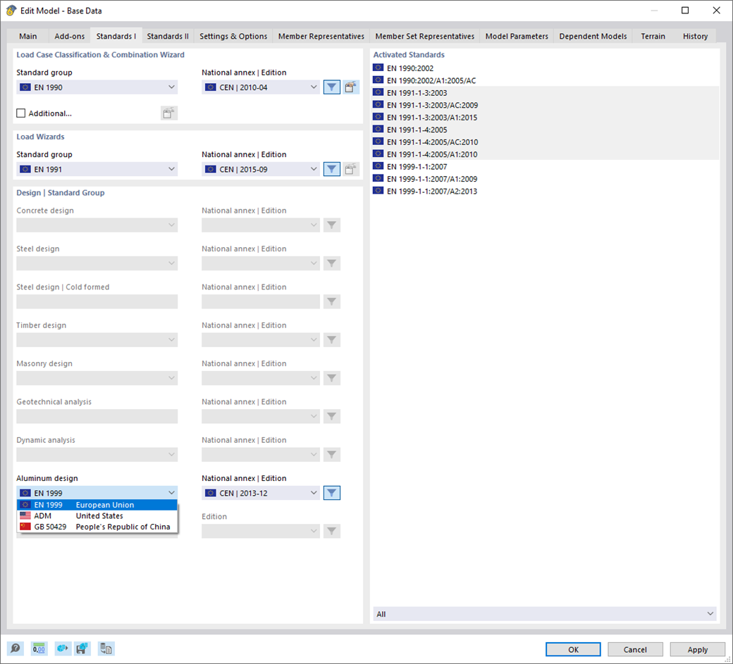 Dialog box "Edit Model Base Data", selecting a standard for Aluminum Design