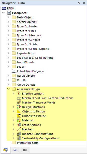 Categories for Aluminum Design in Navigator – Data
