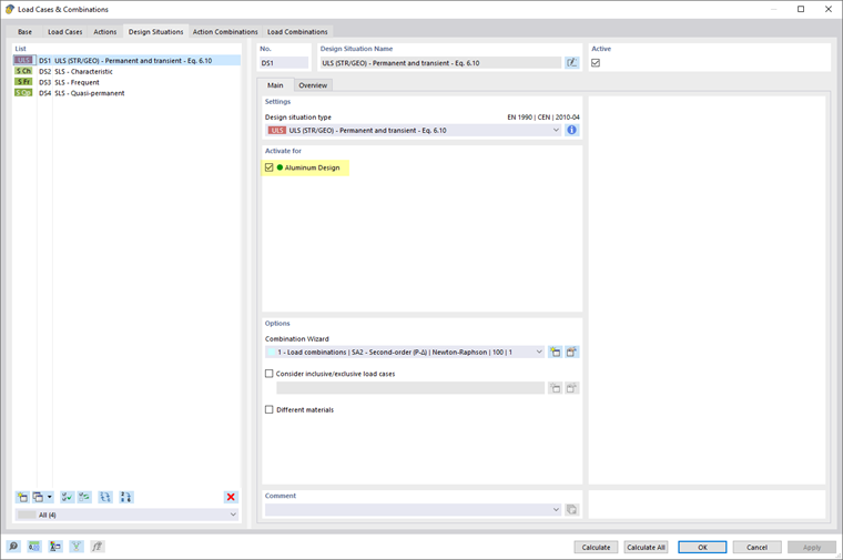 Dialog Box "Load Cases and Combinations", Activating Design Situation for Aluminum Design