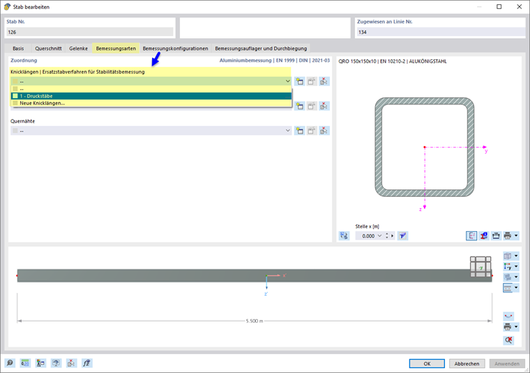 Member dialog box display: Selection of the effective length type in the Design Types section.