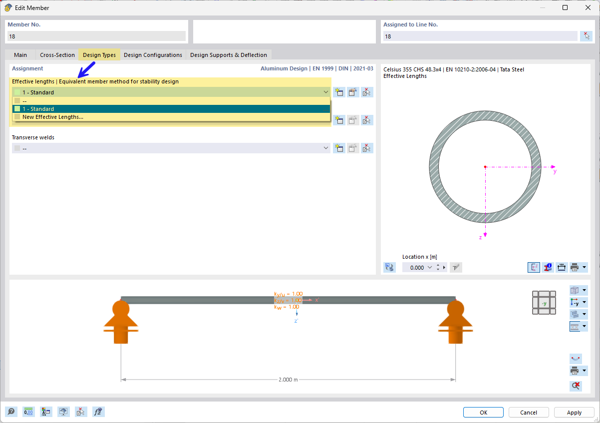 Member dialog box display: Selection of the effective length type in the Design Types section.