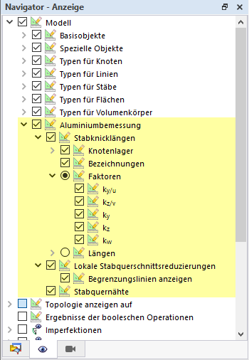 Display options of Aluminum Design in Navigator – Display