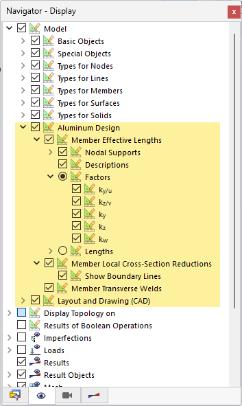 Display options of Aluminum Design in Navigator – Display