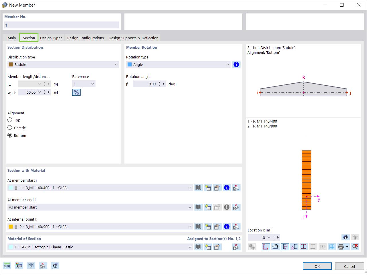Example of timber design showing analysis of tapered and curved members with section properties information.