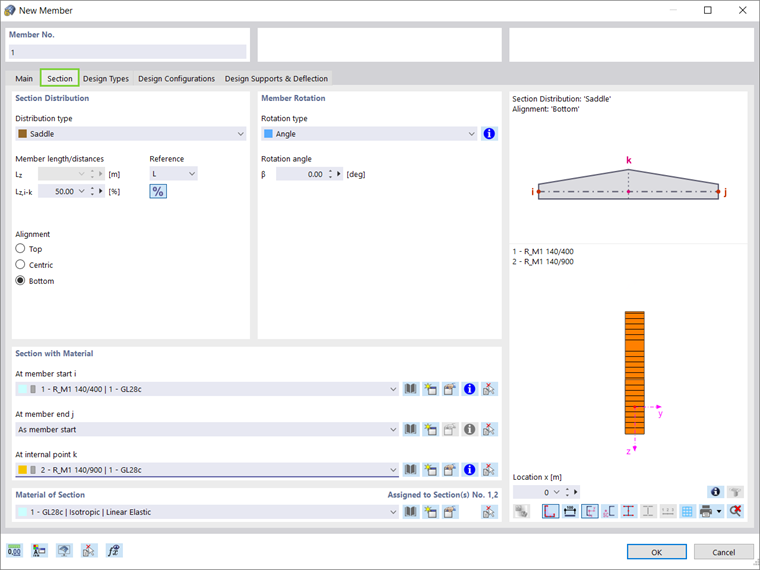 Example of timber design showing analysis of tapered and curved members with section properties information.
