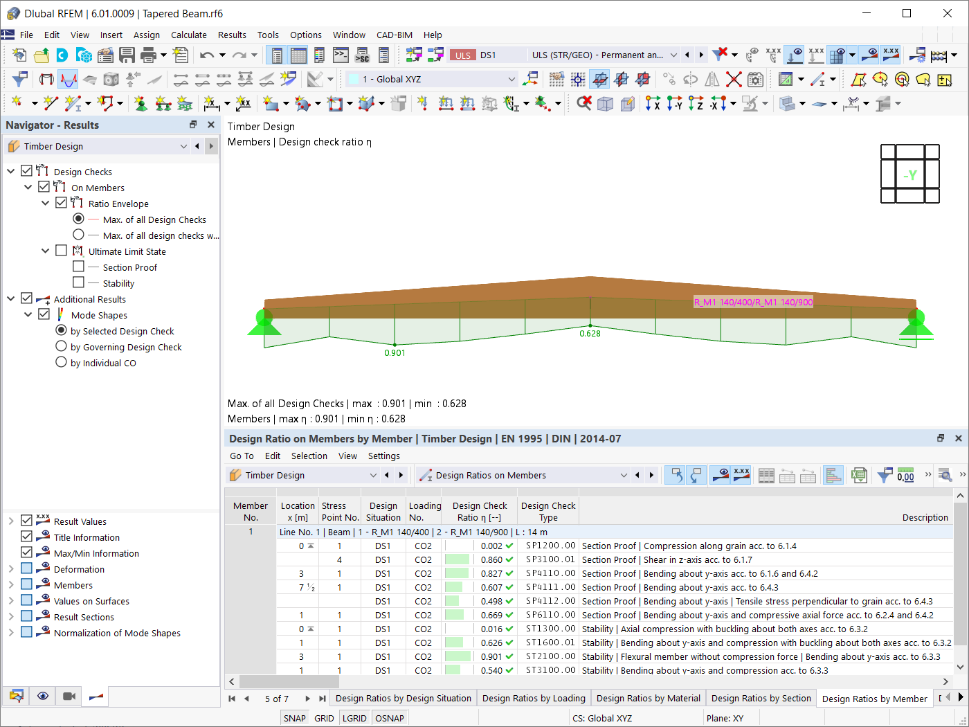 Analysis of timber design results with emphasis on intermediate nodal supports highlighting tapered and curved members strength and stability.