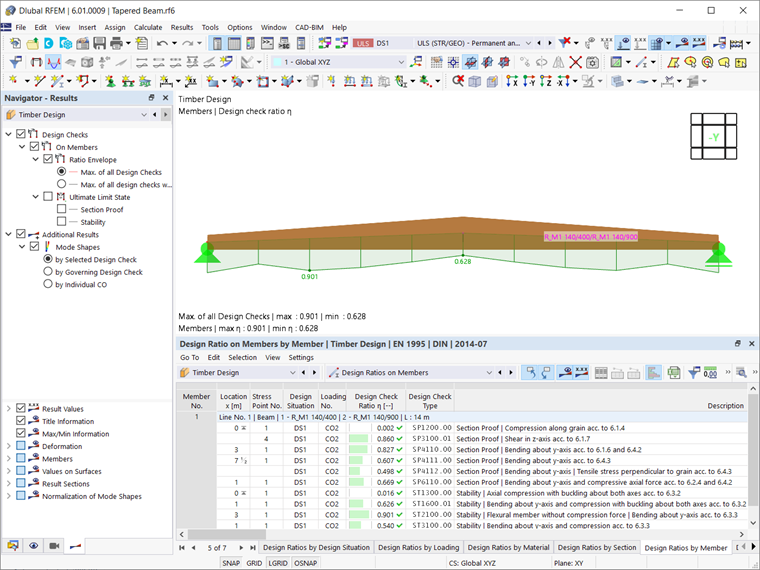 Analysis of timber design results with emphasis on intermediate nodal supports highlighting tapered and curved members strength and stability.