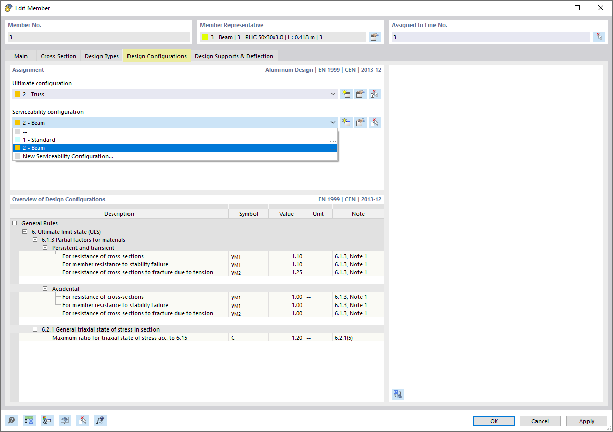 Assigning Configuration Type in Tab ''Design Configurations" of Member Dialog Box