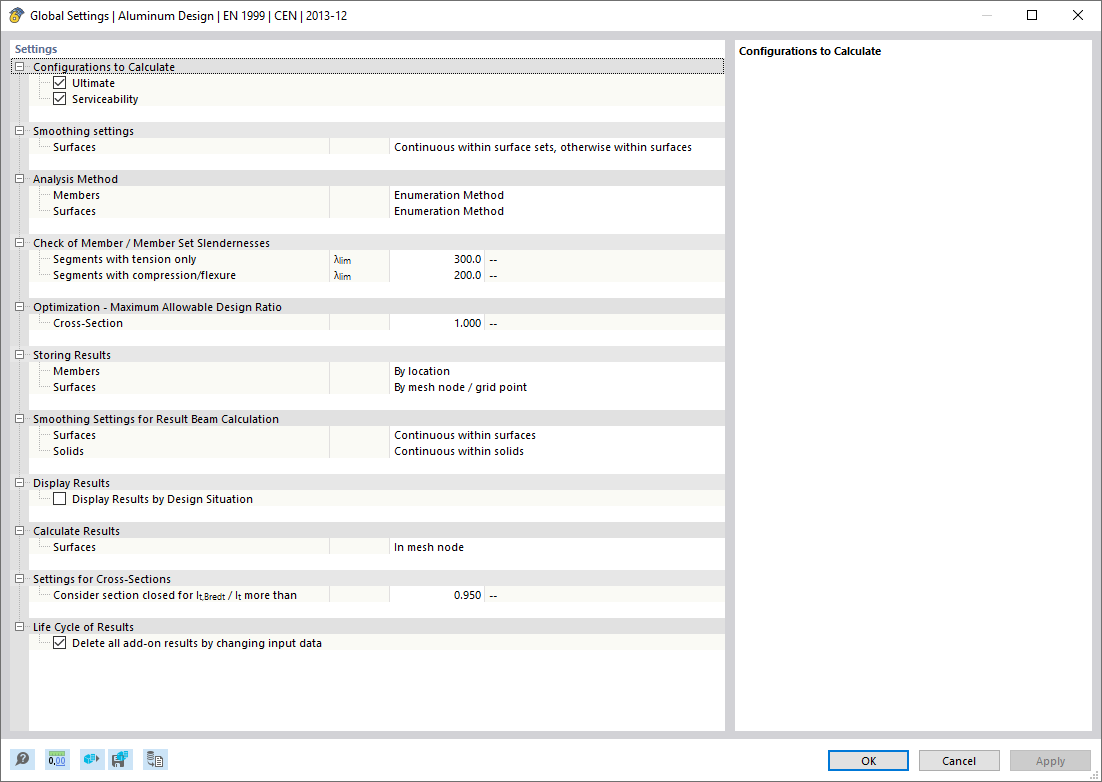 Dialog Box "Global Settings | Aluminum Design"