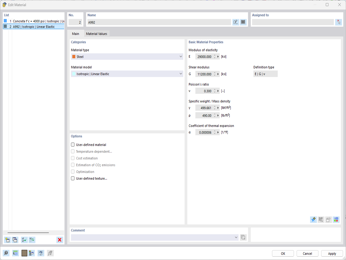 Concrete and Steel Materials Defined in Dialog Box "New Material"