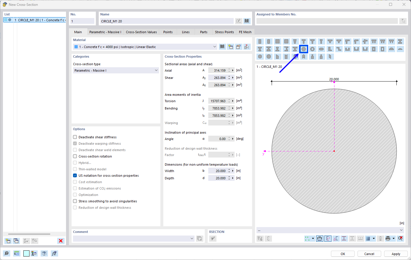 Selecting Parametric Circular Cross-Section in Library
