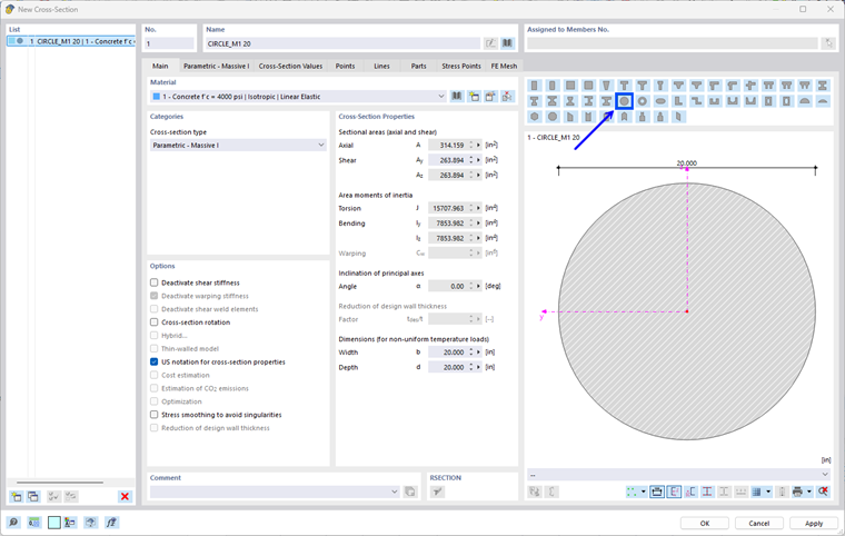 Selecting Parametric Circular Cross-Section in Library