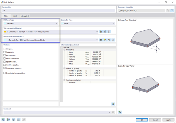 Defining Stiffness and Thickness Types for Wall Surfaces