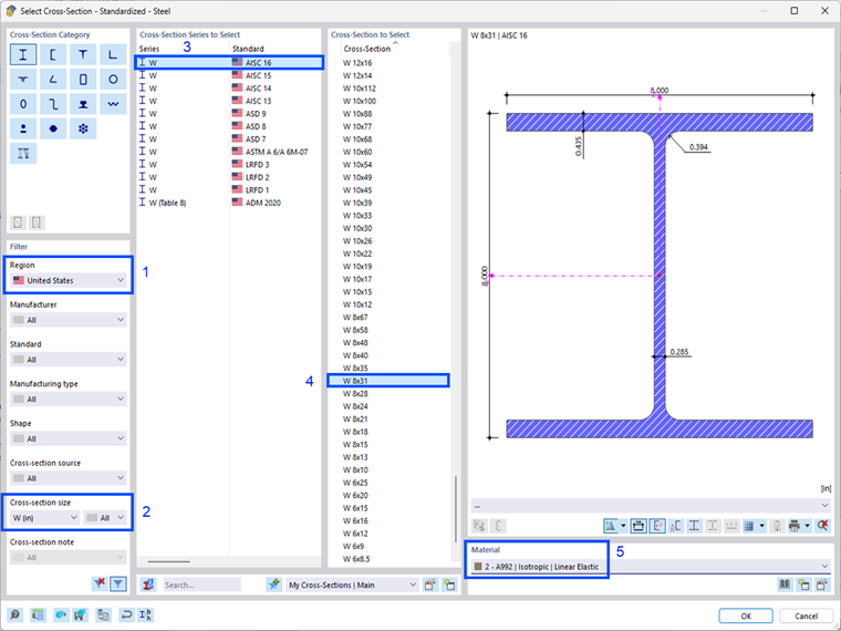 Selecting W 8x31 Cross-Section in Library