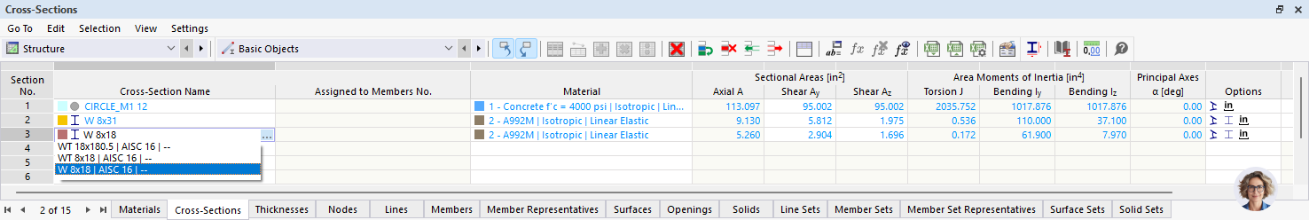 Defining W 8x18 in "Cross-Sections" Table