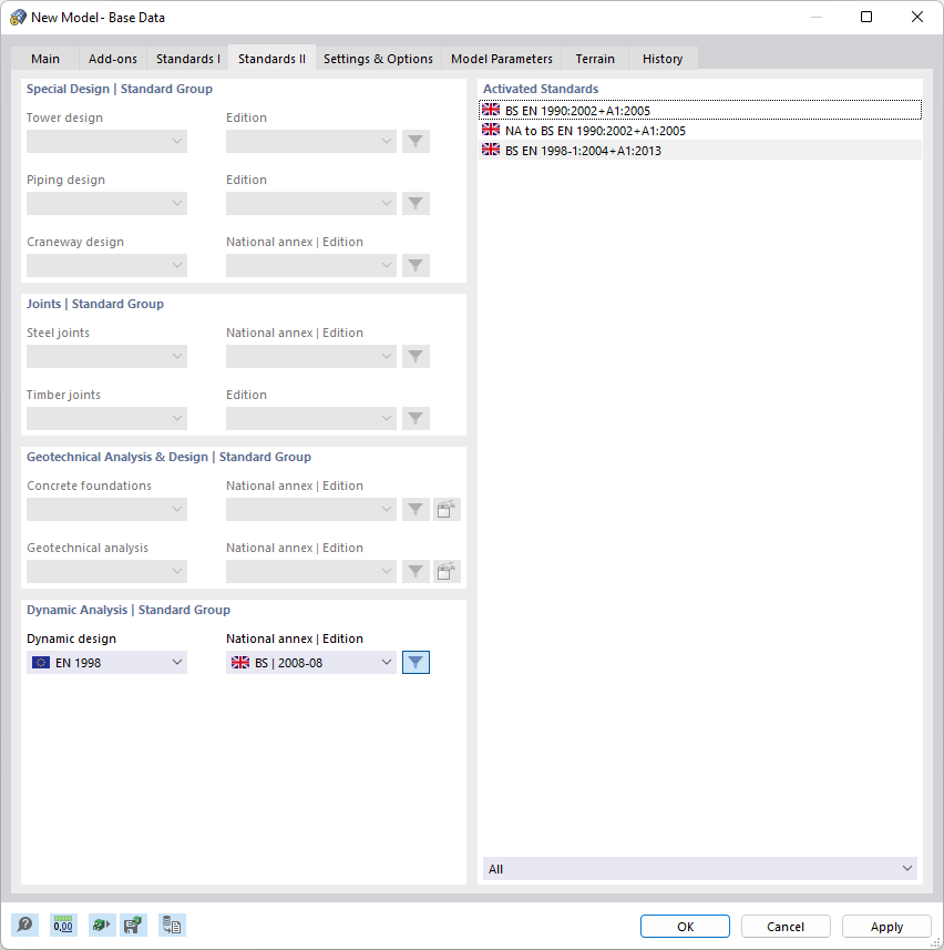 Tab "Standards I" in Dialog Box "New Model – Base Data"