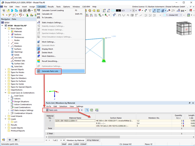 FAQ 005145 | How can I generate parts lists in RFEM 6 and RSTAB 9?
