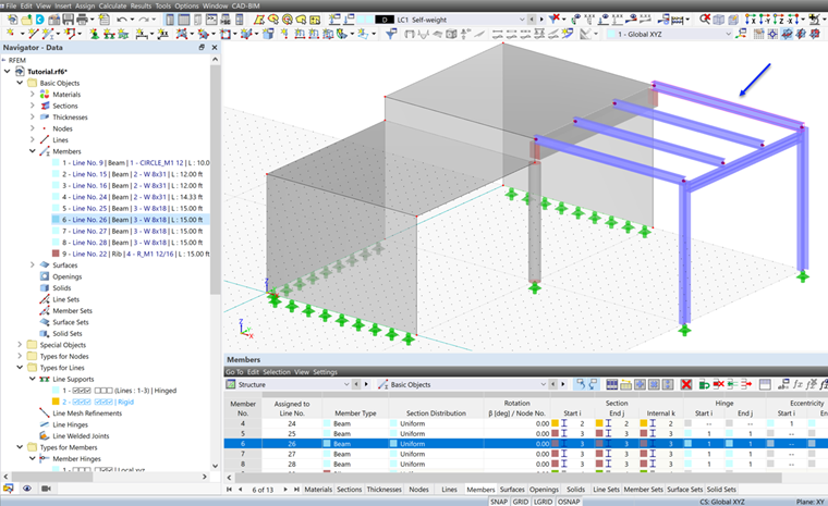 Structural Model with Selected Member (in Navigator or Table) Highlighted in Graphics