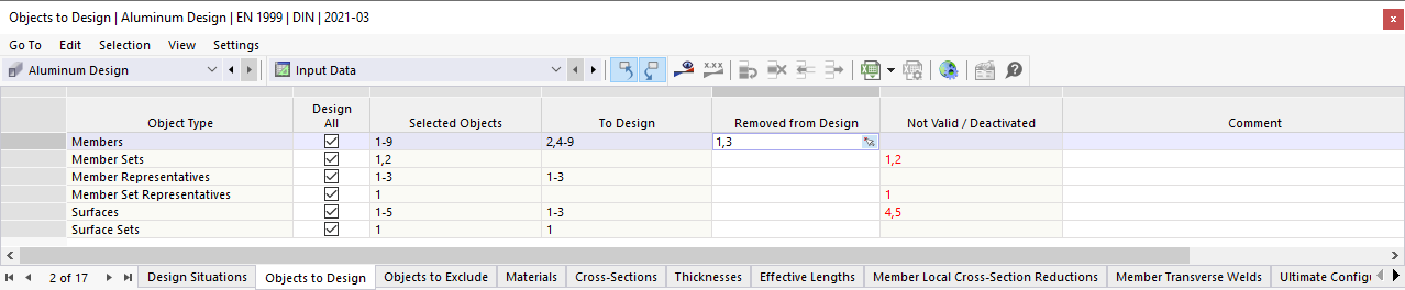 Input Table for Objects to Design in Aluminum Design