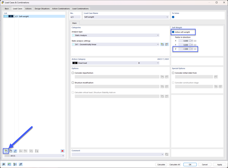 Dialog Box "Load Cases & Combinations"