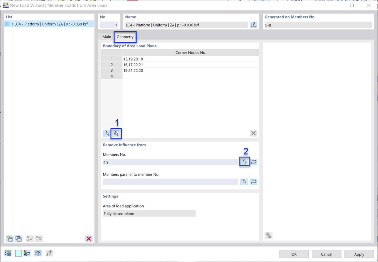 'Geometry' Tab with Functions to Define Load Area Graphically