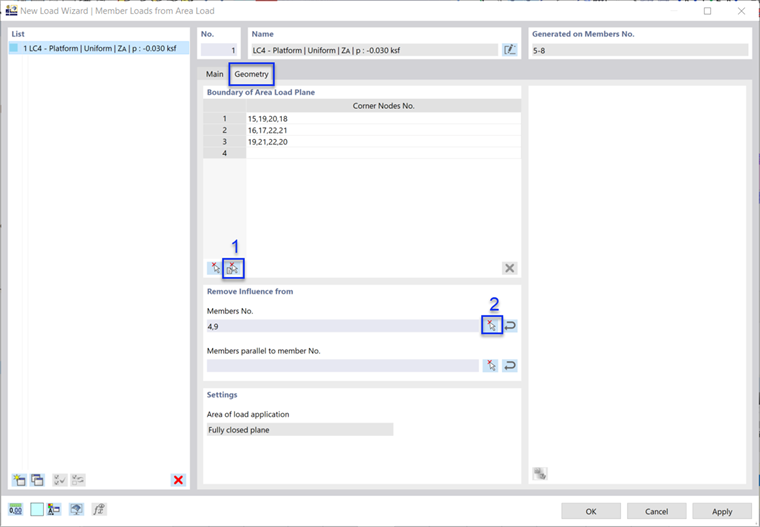 'Geometry' Tab with Functions to Define Load Area Graphically