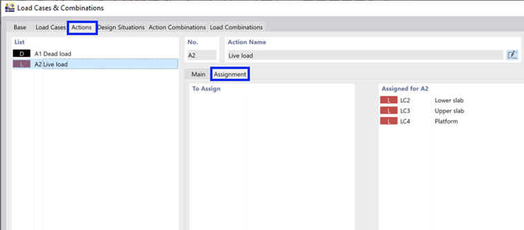 'Actions' Tab and 'Assignment' Subtab Showing Load Cases of Action Category A2