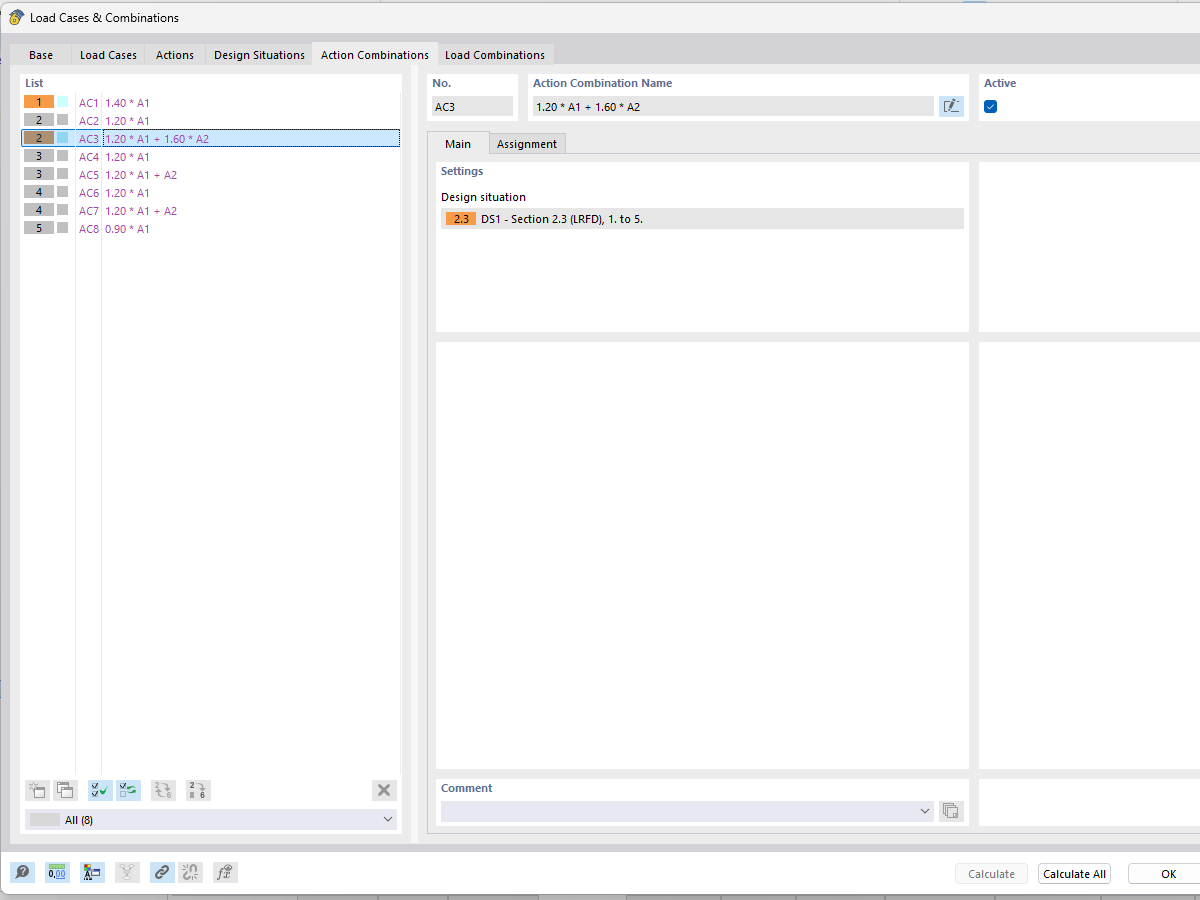 Tab "Action Combinations" Tab and Subtab "Assignment" Showing Actions and Load Factors of AC3 Combination