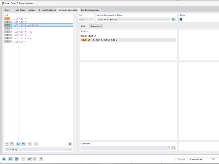 Tab "Action Combinations" Tab and Subtab "Assignment" Showing Actions and Load Factors of AC3 Combination