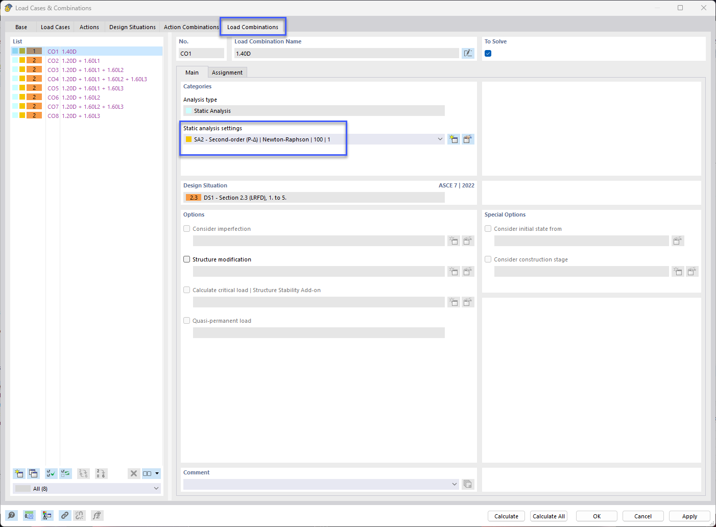 Tab "Load Combinations"
