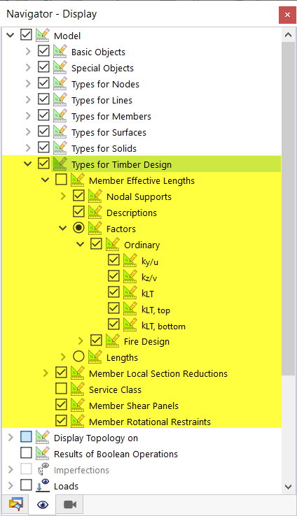 Display Options of Types for Timber Design in Navigator - Display