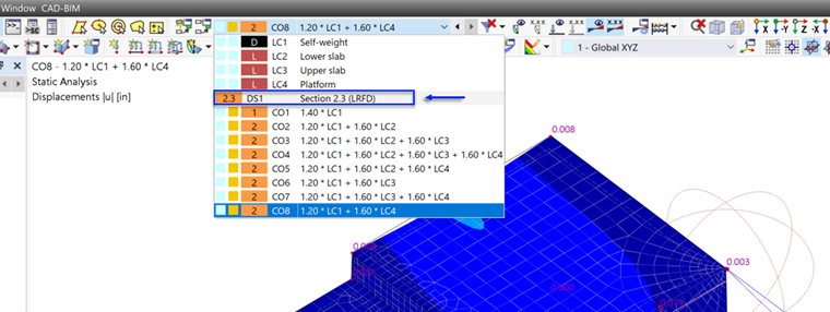 Selecting Load Case or Combination in Toolbar List