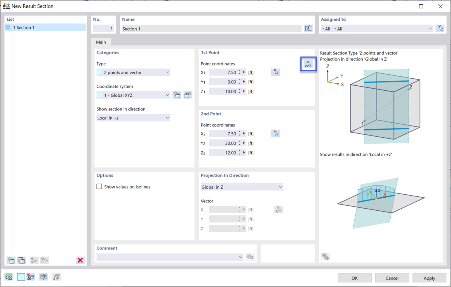 'New Result Section' dialog box