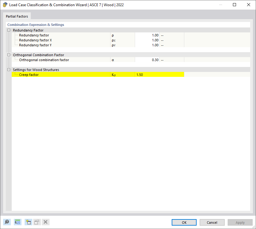 Parameters of "Load Case Classification and Combination Wizard" - Creep Factor
