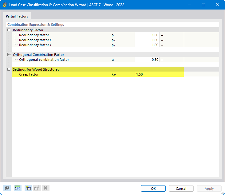 Specifying the creep coefficient in the parameters of the load case classification and combination wizard