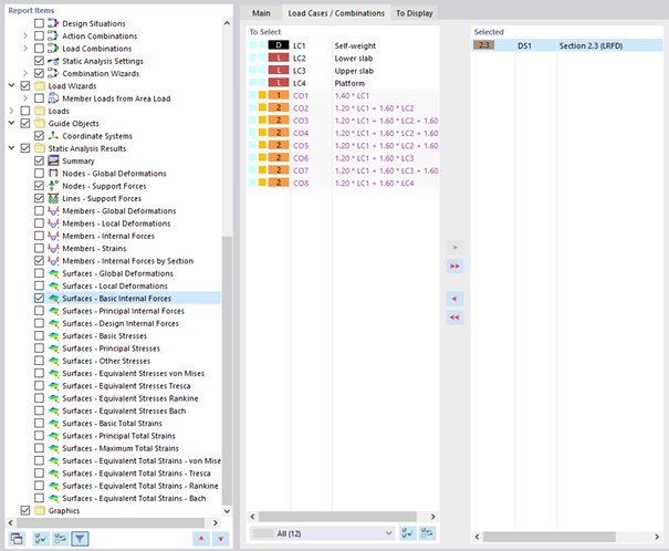 Selecting Load Cases and Combinations