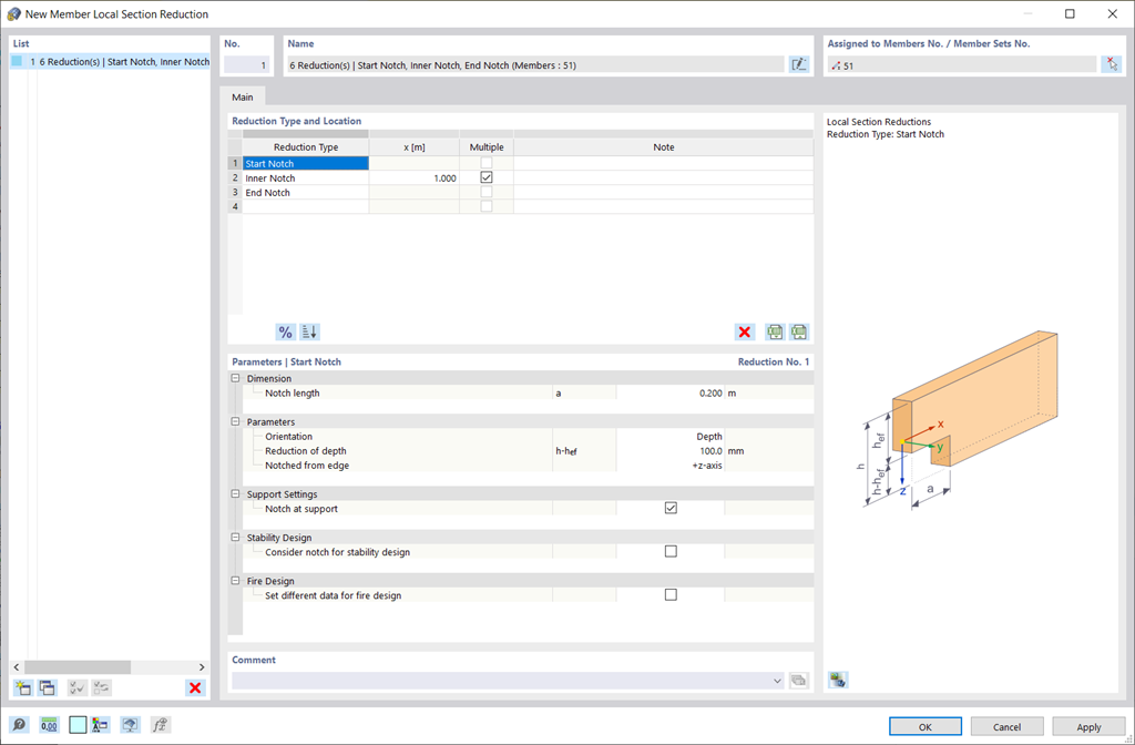 The dialog box shows the option to define reductions of the cross-sections of members in order to consider a member notch in timber design.
