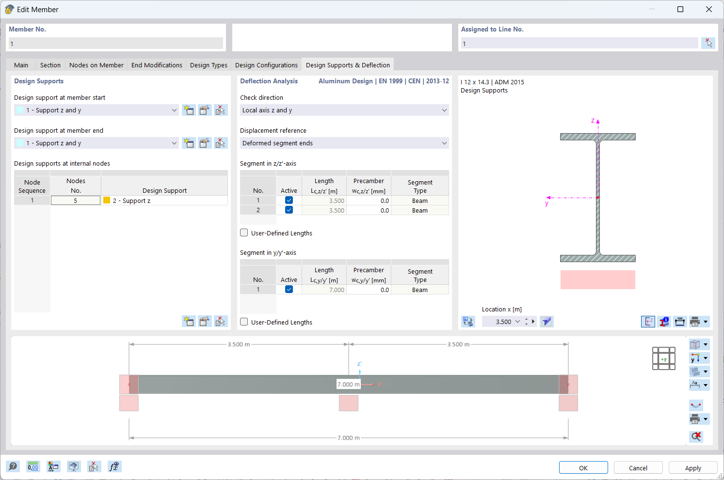 "Edit Member" dialog, "Deflection and Design Supports" tab