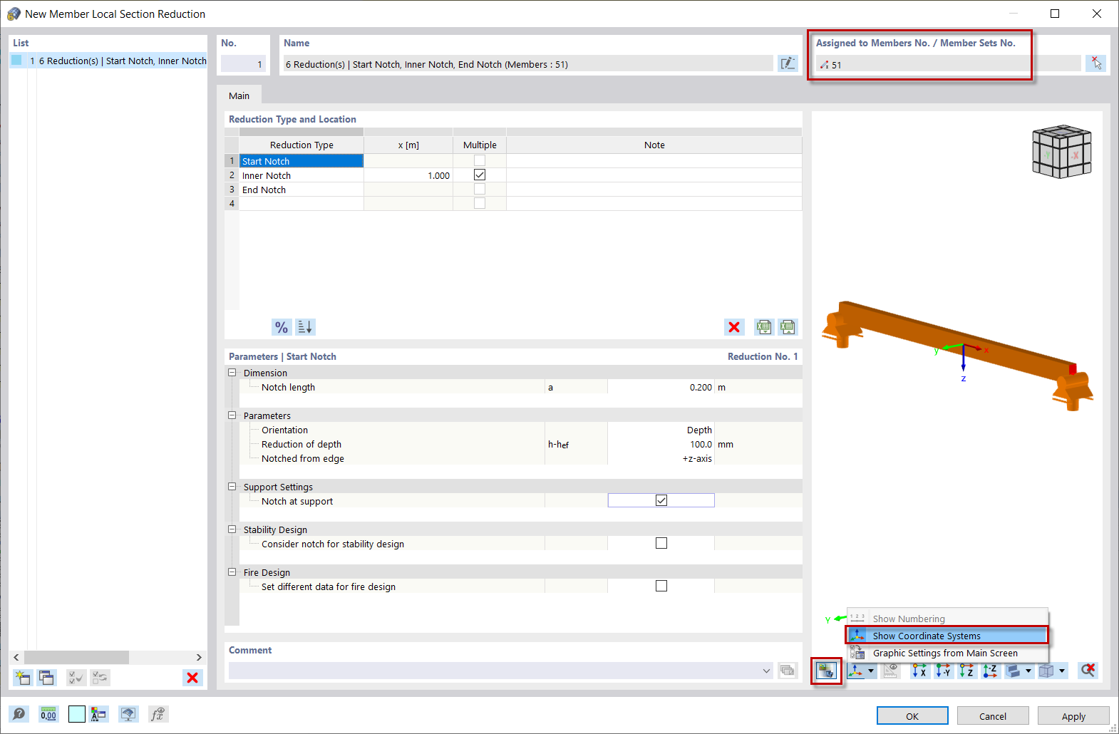 Display local member cross-section reductions and member axes in the dialog graphic