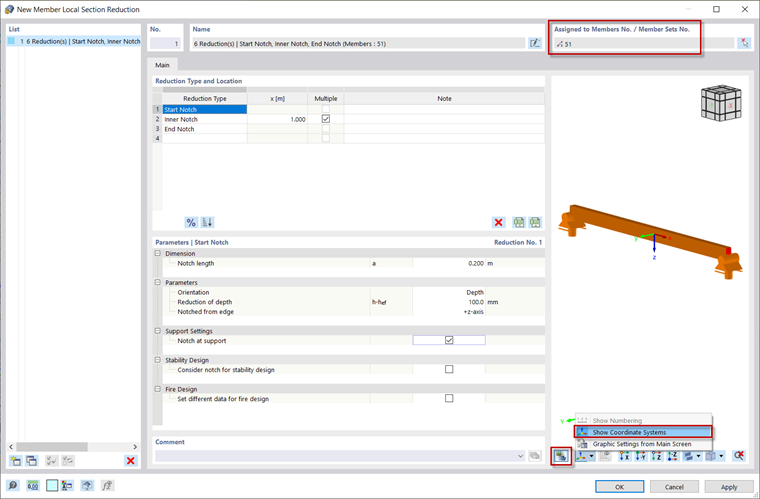 Display local member cross-section reductions and member axes in the dialog graphic